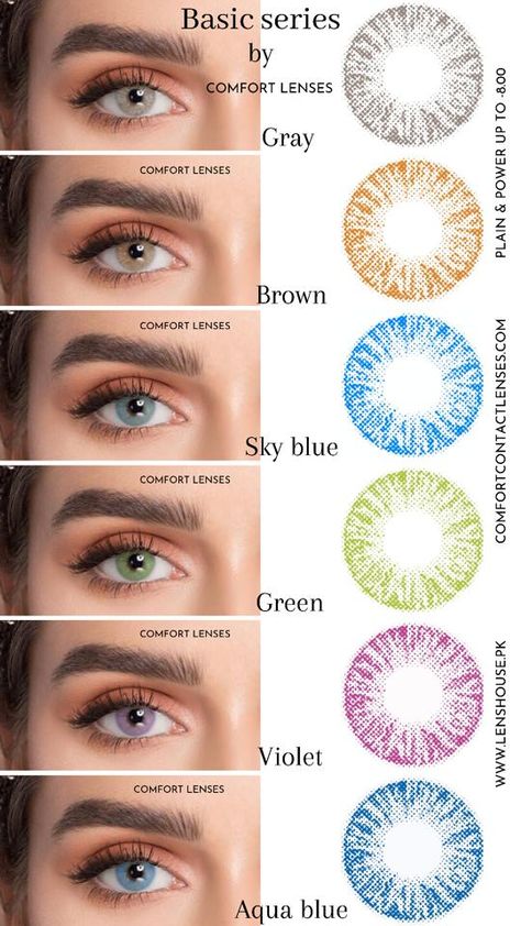 Comfort Basic Series Colour With Name, Eye Color Contacts, Brunette Green Eyes, Daily Eye Makeup, Rare Eye Colors, Eye Lens Colour, Eye Color Chart, Green Contacts Lenses, Green Colored Contacts