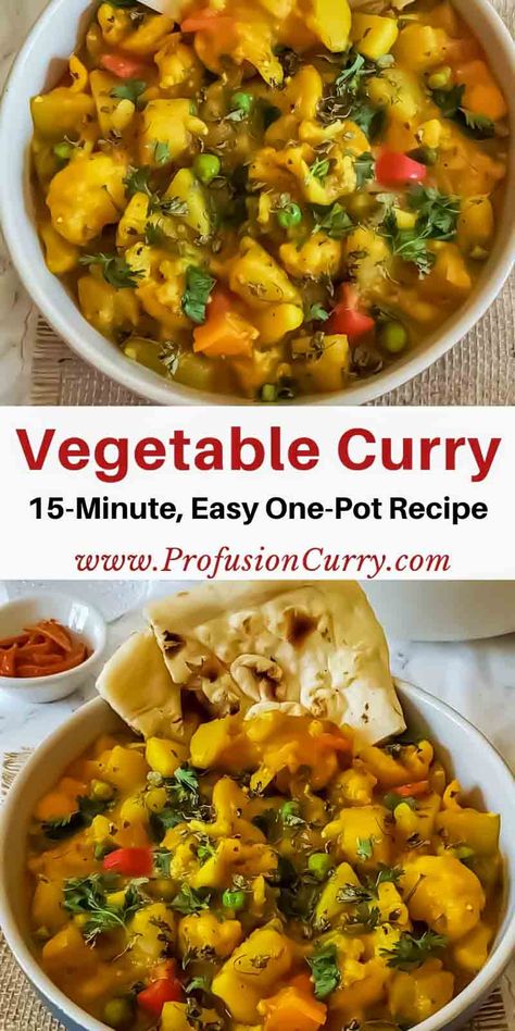 This 20-minute Easy Vegetable Curry simmers in a medley of colorful vegetables and aromatic seasoning. It makes hearty flavorful one pot meal. #vegetablecurry Curry Soup Recipes Vegetarian, Vegan Vegetable Curry Recipes, Roasted Vegetable Curry, Mixed Vegetable Curry Indian, South Indian Vegetable Curry, Jamaican Curry Vegetables, Yellow Curry Vegetables, Vegan Vegetable Curry, Lentil Vegetable Curry