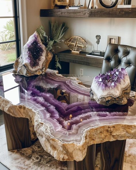 Imagine working on one of these desks. You will have all the focus.⚡️ This images are not real and generated using AI. #amethyst #crystals #gemstone Meditation Backyard, Crystals Furniture, Rock Furniture, Crystal House, Big Crystals, Crystal Furniture, Lavender Milk, Crystal Room Decor, Diy Remodeling