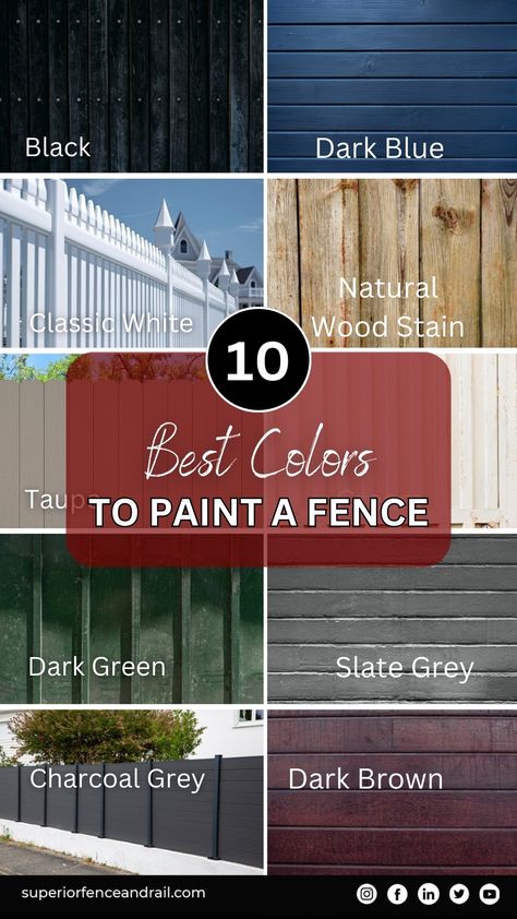 Express your style with our guide to the '10 Best Colors to Paint a Fence.' From classic neutrals to vibrant hues, discover the perfect palette to enhance your outdoor space. Elevate your curb appeal and redefine your boundaries with these stunning colors. Explore our recommendations for a fence that stands out with flair! Privacy Fence Color Ideas, Dark Fence Paint Colors, Paint Backyard Fence, Fence Colour Ideas Color Schemes, Painted Fence Colors, Backyard Fence Colors, Backyard Fence Paint Color Ideas, Outdoor Fence Painting Ideas, Wooden Fence Painting Ideas