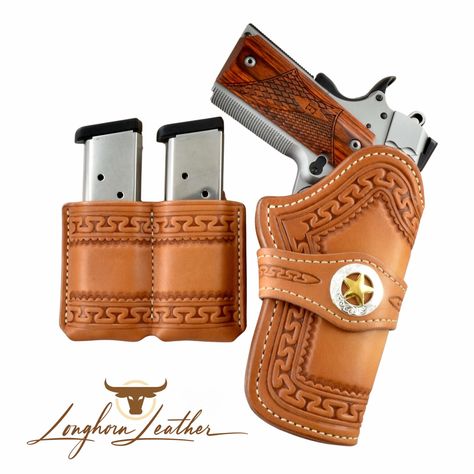 Longhorn Leather AZ-We specialize in custom leather holsters, gun belts, rifle slings and gunstock covers . Our products are individually handcrafted to deliver the highest level of quality and performance. 1911 Leather Holster, 1911 45, 1911 Holster, Diy Leather Working, Leather Cell Phone Cases, Cowboy Life, Custom Leather Belts, Leather Patterns, Leather Tooling Patterns