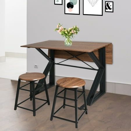 Crafted from high-quality material, our breakfast nook table set is built to last. The sturdy table features a drop leaf design, allowing for easy extension when you have guests over or need extra dining space. When not in use, simply fold down the leaves and tuck it away to save space. Size: 1*Foldable Table+2*Chair.  Color: Brown. Small Table With 2 Chairs Breakfast Nooks, High Kitchen Table Small Spaces, Small Table For 2, Two Chairs And A Table, Small Drop Leaf Kitchen Table, Slim Dining Table Small Spaces, Kitchen Table Ideas For Small Kitchen, Small Space Table And Chairs, Small Dining Area Ideas In Living Room