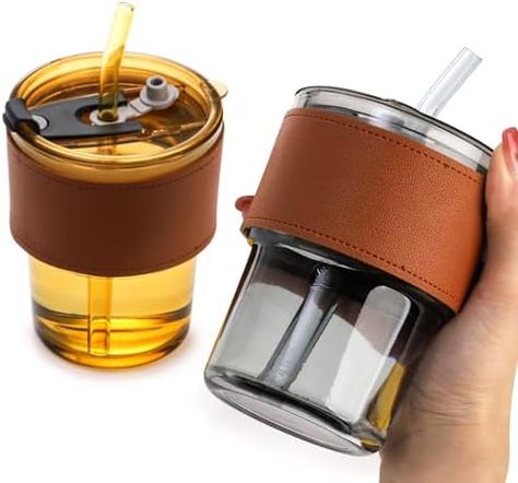 DEAYOU 4 Pack Glass Water Tumbler with Glass Straw and Lid, 13 oz Carry on Drinking Glasses, Thick Wall Colored Glass Cups with Insulated Leather sleeve for Coffee, Iced Tea, Juice (Amber, Gray) Amber Gray, Straw Tumbler, Tea Juice, Water Tumbler, Glass Cups, Glass Straws, African Safari, Leather Sleeve, Drinking Glasses