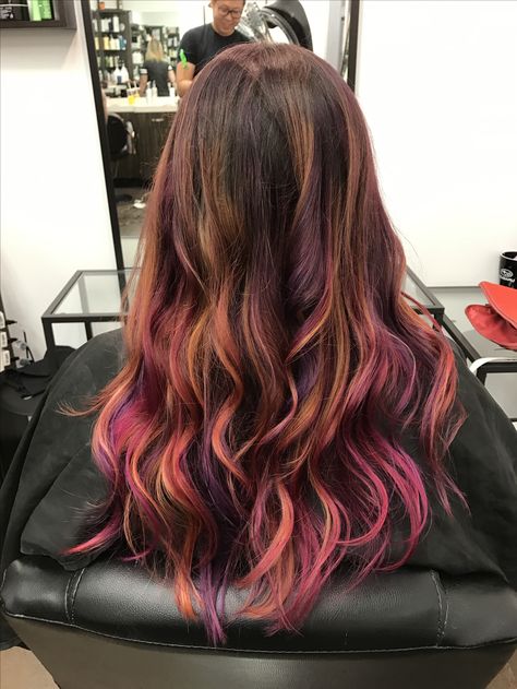 Balayage, Orange Pink Highlights In Brown Hair, Ginger To Purple Hair, Copper And Purple Balayage, Brown Hair With Fun Highlights, Magenta Balayage Brunette, Red And Purple Highlights In Brown Hair, Magenta Highlights In Brown Hair, Sunset Peekaboo Hair