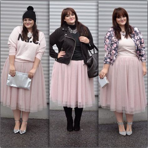 like the two looks on the left, that is, the left and the middle. not too sweet even though it's pink and tule. the look on the right is not for me Free Spirit Fashion Aesthetic, Tule Skirt Outfits, Plus Size Tulle Skirt Outfit, Tulle Skirt Outfit, Tulle Skirts Outfit, Outfits Gorditas, Chubby Fashion, Curvy Fashionista, Plus Size Fashion For Women