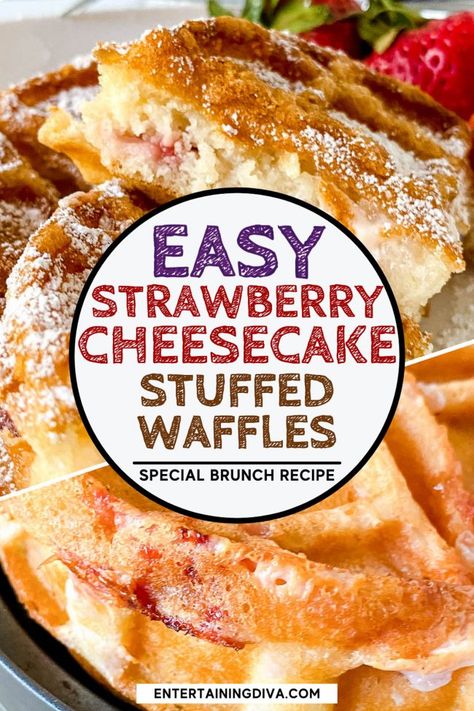 Stuffed Waffles Recipe, Croissant Breakfast Sandwiches, Strawberries And Cream Cheese, Stuffed Waffles, Croissant Breakfast Sandwich, Entertaining Desserts, Easy Strawberry Cheesecake, Belgian Waffles Recipe, Easy Waffle Recipe