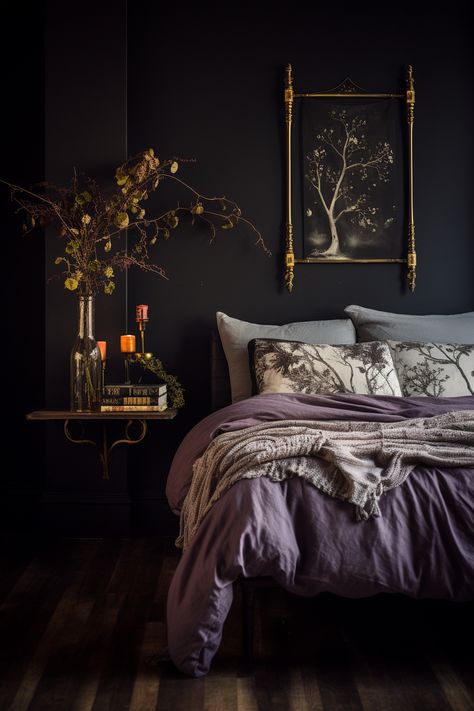 Dark Purple Room Ideas Bedrooms, Moody Purple Bedroom, Goth Bedroom Ideas, Whimsy Goth Bedroom, Victorian Style Furniture, Feminine Era, Purple Bedroom Decor, Cottagecore House, Goth Bedroom