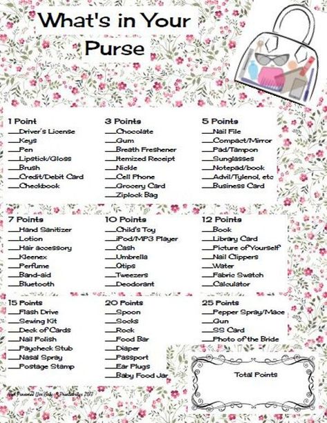 Your download includes a 1 page PDF.  Have your guests go on a Scavenger Hunt! Items in their purse may be worth from 1 to 25 points! The guest with the most points wins! Backpack List, What's In My Purse, Mary Kay Party, Purse Game, Pads Tampons, Spring Bridal Shower, Inside My Bag, Whats In Your Purse, Bags Game