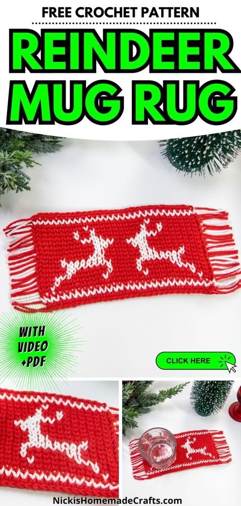 Free Crochet Reindeer Mug Rug Pattern - Day 2 of the Advent Calendar MCAL 2024 - Nicki's Homemade Crafts Crochet Knit Stitch, Mystery Crochet, Mug Rug Pattern, Crochet Reindeer, Mug Rug Patterns, Crochet Christmas Gifts, Tunisian Crochet Stitches, Crochet Knit Stitches, Crochet Gift