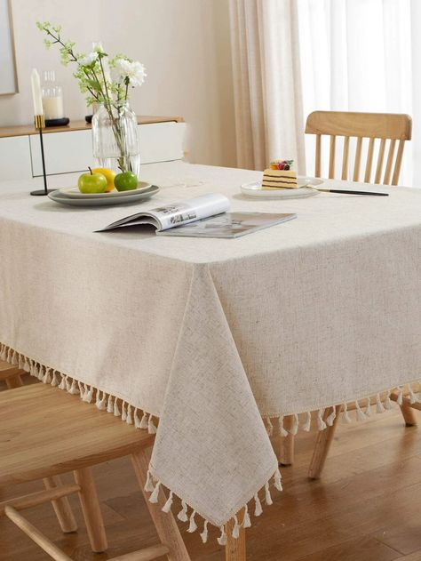 1pc Solid Tassel Decor Tablecloth | SHEIN USA Taplak Meja Crochet, Decoration Buffet, Dining Table Cloth, Banquet Decorations, Tassels Decor, Mesa Exterior, Bed Table, Kitchen Dinning, Tablecloth Fabric