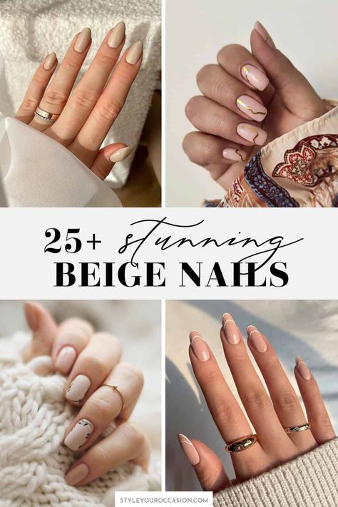 Looking for chic beige nails inspiration? You’ll love this list of beige nails with design ideas for any season including beige nails with glitter, acrylic nails with rhinestones, nude beige nails, classy almond nails, short natural nails, beige coffin nails, and more. Get an elegant and modern aesthetic with these stunning nails! Elegant Beige Nails, Sand Nail Color, Taupe Nails With Design, Cream Colored Nails With Design, Taupe And Gold Nails, Neutral Coffin Nail Ideas, Beige Acrylic Nails Design, Neutral Nail Designs Coffin, Cream Nails Designs Classy