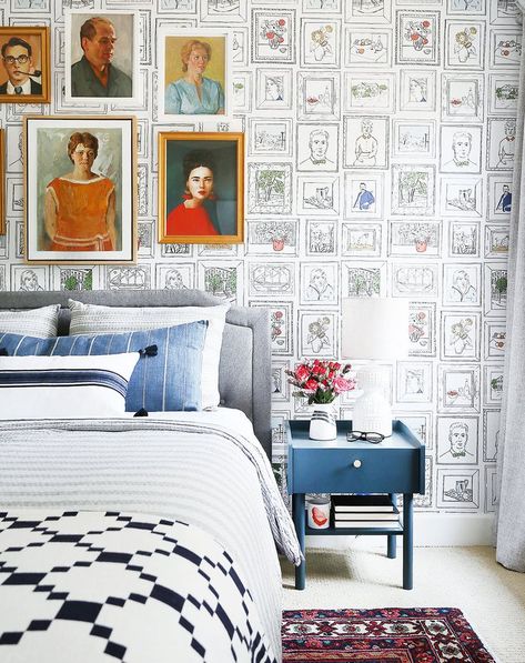 Bold and Quirky Guest Bedroom: Tour this fun bedroom with great ideas for creating a gallery wall with vintage art, eclectic furniture, and bold blue colors for an inviting bedroom space for your guests! #guestbedroom #quirkydecor Quirky Bedroom, Guest Bedroom Design, Guest Bedroom Decor, With Wallpaper, Eclectic Furniture, Ideas Hogar, Quirky Home Decor, Simple Bedroom, Awesome Bedrooms