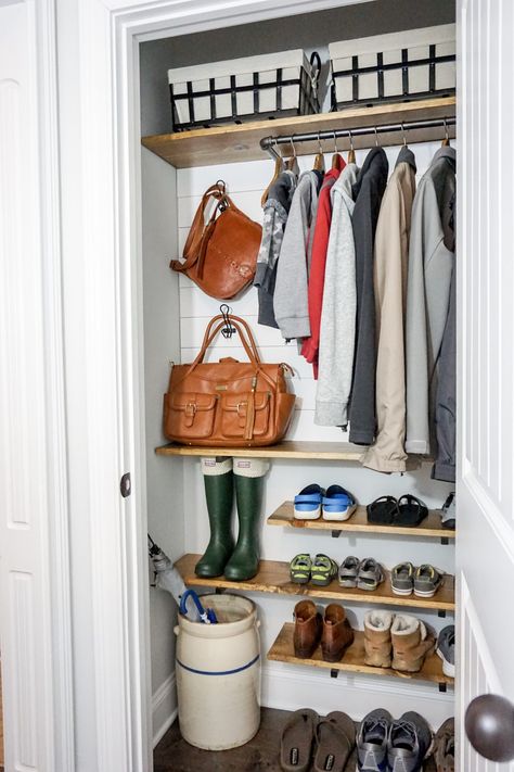 Coat Closet Organization Ideas, Coat Closet Organization Front Entry, Diy Coat Closet, Entry Closet Organization, Coat Closet Makeover, Coat Closet Ideas, Small Coat Closet, Front Hall Closet, Most Pinned