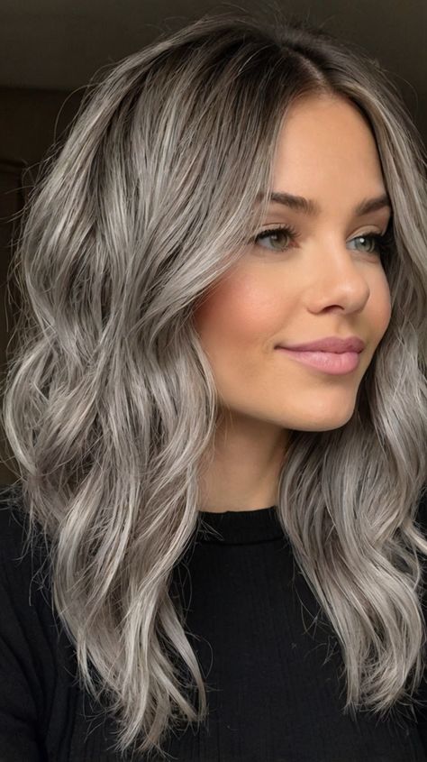 medium length gray hairstyles with bangs Gray Mid Length Hair Styles, Grey Hair Curtain Bangs, Smokey Grey Hair, Smokey Ash Blonde, Gray Hairstyles With Bangs, Bob With Side Fringe, Gray Bob, Medium Length Hairdos, Grey Hairstyles