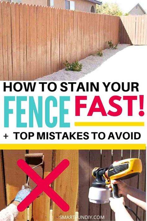 How to Stain a Fence Fast, even if it needs to be Refinished Paint Wood Fence Ideas, Deck And Fence Stain Ideas, Dark Fence Stain, Fence Stain Ideas, Stained Fence Ideas, Wood Fence Decorations, Painting Fences Ideas Backyards, Wood Fence Decor, Fence Stain Colors Ideas