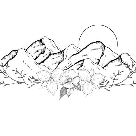 Mountain Tattoo With Flowers, Tattoo Touch Up, Alaska Tattoo, Moutain Tattoos, Montana Tattoo, Tattoo With Flowers, Mountain Tattoo Design, Flower Tattoo Back, Western Tattoos