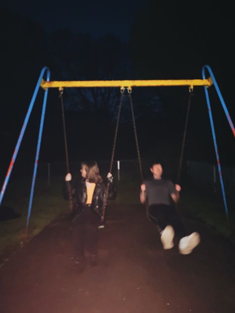 Swinging At Night Aesthetic, Couple In Park At Night, Park At Night Aesthetic Swings, Swingset Aesthetics, Aesthetic Park Pictures With Friends, Playground Date Aesthetic, Park Pics Aesthetic, Park At Night With Friends, Park With Friends Aesthetic