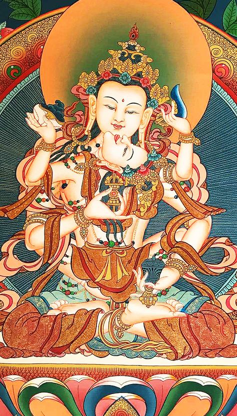 The union of male and female (yam-yum) is prevalent in Tibetan Buddhist Tantric iconography. In this thangka painting of Vajrasattva with consort the center of the mandala is taken by a object called Vajra that Vajrasattva holds with his right hand. The Vajra, initially well-known as the sceptre of Indra, it came to assume tremendous importance in Tantric philosophy and symbolism. In Tibetan Buddhism is symbol of the indestructible nature of the ultimate truth. Tibetan Art Symbols, Vajrasattva Thangka, Tibetan Painting, Buddhist Painting, Buddhist Iconography, Tibet Art, Tantra Art, Buddhist Art Drawing, Buddhist Symbols