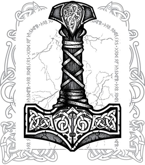 Hammer Tattoo Design, Hammer Of Thor Tattoo, Norse Mjolnir Tattoo, Viking Mjolnir Tattoo, Viking Hammer Tattoo, Mjolnir Art, Odin Tattoo Design Norse Mythology, Mjolnir Drawing, Norse God Tattoo