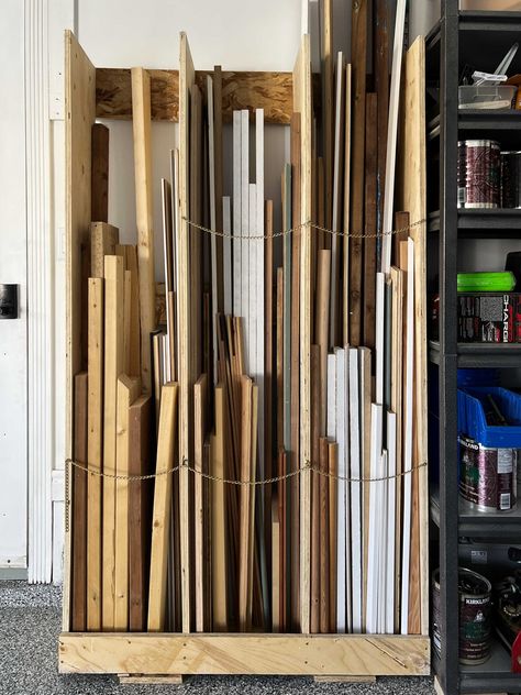 Easy DIY garage organizing ideas for scrap wood and storage that you can make in a day! Picture Rail Molding, Garage Storage Inspiration, Diy Garage Storage Cabinets, Diy Cabinet Doors, Diy Cabinet, Diy Headboard Upholstered, Garage Workshop Organization, Lumber Storage, Headboard Upholstered