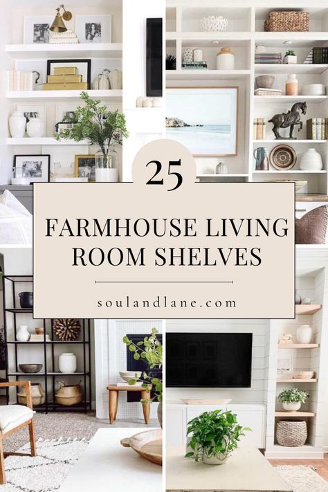 Infuse your living room with a personal touch using farmhouse shelves designed to showcase your unique personality. From eclectic displays to curated collections, explore a variety of options that reflect your individual style and interests. These shelves promise to add character and charm to your space, creating a dynamic focal point that tells your story and invites conversation. Floating Shelves Living Room Farmhouse, Where To Hang Shelves In Living Room, Decorating Bookshelves Living Room Ideas, Tv Stand Decor Open Shelves, How To Style Shelves Living Room Modern, Modern Farmhouse Shelves Living Room, Shelf Unit Decor Living Room, Small Living Room Shelving Ideas, Decorated Shelves In Living Room