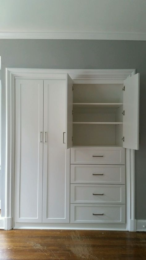 Closet In Wall Ideas, Master Wall Closet, Built In Reach In Closet, Master Built In Wardrobe, In Wall Drawers, Wall Closet Makeover, Premade Cabinets Built Ins, Built In Closet Shelving, Walk In Closet Built In Dresser