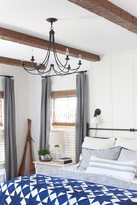 The Lettered Cottage | AZ Faux Wood Beams | Farmhouse Lake Cottage Style Master Bedroom | Makeover....love the blue and white "twin" quilt laying across the bed.  So pretty~ Beam Ideas, The Lettered Cottage, Lettered Cottage, Wood Trellis, Faux Wood Beams, Faux Beams, Bedroom Updates, Master Decor, Ideas Hogar