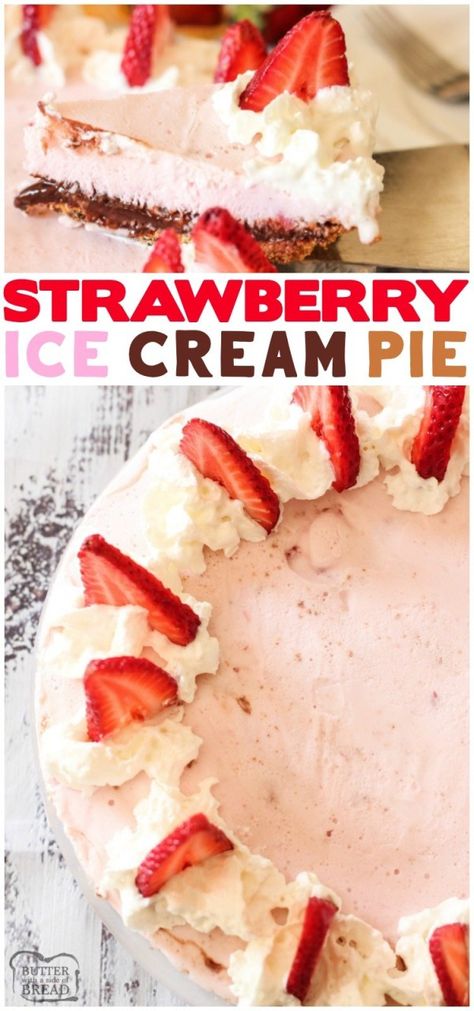 STRAWBERRY ICE CREAM PIE- Strawberry Ice Cream Pie is a simple dessert made with a graham cracker crust, hot fudge and strawberry ice cream. This ice cream pie recipe comes together quick with just a few ingredients. #icecream #frozen #dessert #pie #recipe from BUTTER WITH A SIDE OF BREAD Strawberry Ice Cream Pie, Jello Ice Cream, Ice Cream Dessert Recipe, Strawberry Ice Cream Cake, Ice Cream Pie Recipe, Ice Cream Pie, Dessert Pie, Ice Cream Cake Recipe, Easy Pie Recipes