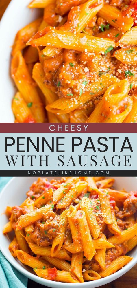 Get ready for this Cheesy Penne Pasta with Sausage! This Italian dinner recipe is perfect for beginner cooks. Mixed with a homemade Italian sausage meat sauce, this easy pasta dish is sure to be a hit with the whole family! Tagliatelle, Sausage Meat Sauce, Cheesy Penne Pasta, Homemade Italian Sausage, Healthy Italian Recipes, Sausage Meat, Pasta With Sausage, Favorite Pasta Recipes, Healthy Weeknight Meals