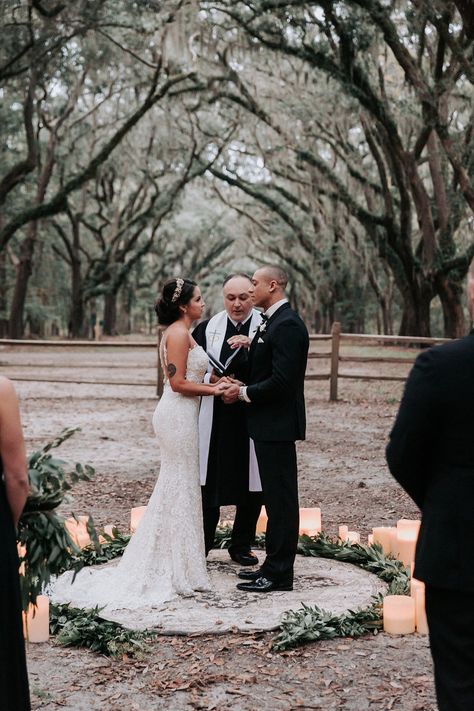 Small Outdoor Ceremony, Backyard Wedding Intimate, Small Vow Renewal Ceremony, Small Vow Renewal Ideas, Intimate House Wedding, Backdrop With Candles, Small Vow Renewal, Standing Wedding Ceremony, Wormsloe Wedding