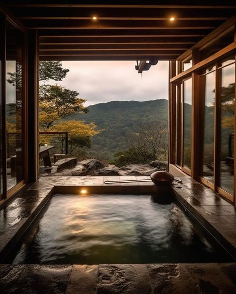 Ryokan Private Onsen with a View Japanese Onsen Design, Japanese Onsen Aesthetic, Ryokan Aesthetic, Private Bathhouse, Onsen Aesthetic, Mountain Hot Tub, Outside Jacuzzi, Spa Outside, Ryokan Onsen