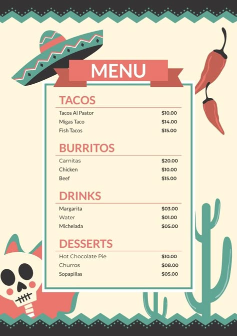 Creative Hand-drawn Mexican Restaurant Menu Taqueria Menu Ideas, Mexico Menu Design, Mexican Menu Design Templates, Mexican Restaurant Menu Ideas, Taco Menu Ideas, Tacos Menu Design, Spanish Menu Design, Spanish Menu Project, Taco Menu Design