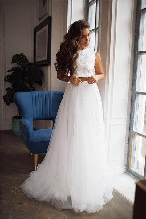 Scoop Neck Lace Wedding Dress, Rok Tile, Tulle Skirt Long, Ivory Tulle Skirt, Wedding Dress Necklace, Two Piece Wedding Dress, Bridal Separates, Boho Wedding Dress Lace, Ornament Pattern