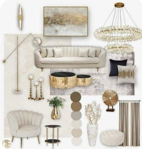 Cream White Grey Living Room, Black And Gold Accents Living Room, Neutral Glam Living Room Decor, White And Gold Small Living Room, Grey Yellow Gold Living Room, Ivory And Beige Living Room, Gold And Silver House Decor, Gold Black And Cream Living Room, Cream Silver And Gold Living Room