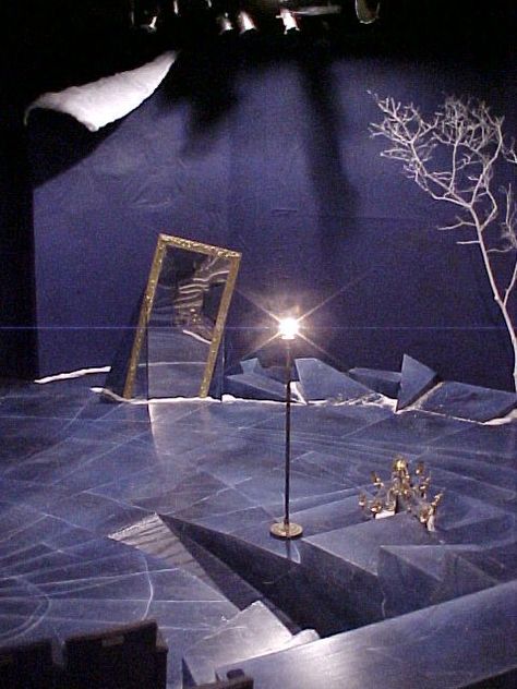 I don't know what it's from, but this set is incredibly interesting. Mirror Stage Design, Snow Set Design, Abstract Set Design, Mirror Set Design, Simple Set Design, Theatre Inspiration, Theatre Scene, Ghost Light, Stage Set Design