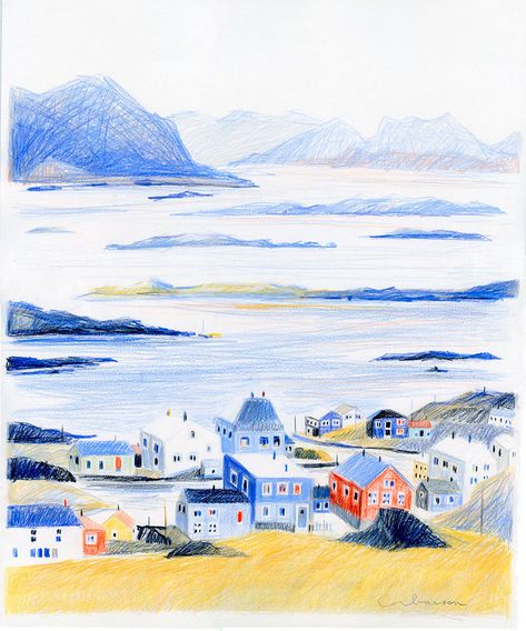 Dominique Corbasson, Color Pencil Illustration, Window Drawing, Mountain Illustration, Art Mignon, House Art, Art Et Illustration, Pencil Art Drawings, Landscape Illustration