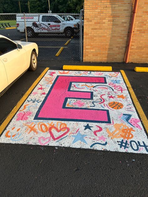 Class Of 2025 Parking Spots, Graffiti Senior Parking Spot, Paint Parking Spot High School Ideas, Parking Spot Painting Unique, Soccer Senior Parking Spots, Painter Parking Spot, Graffiti Parking Spot, Smiley Face Parking Spot, Cow Senior Parking Spot