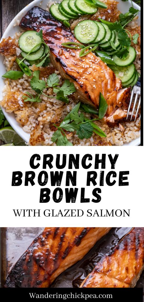 These brown rice bowls are the perfect healthy lunch or weeknight dinner, with crispy brown rice, oven baked salmon and a creamy tahini dressing. Completely dairy free, gluten free and pescatarian, these brown rice bowls are nourishing, satisfying and easy to make any night of the week. Pescatarian Dairy Free, Vegetarian Recipes Dinner Dairy Free, Healthy Dinner Recipes For Family Dairy Free, Healthy Dinner Recipes Non Dairy, Fish Lunch Ideas Healthy Meals, Gluten Free Lunch Meal Prep For The Week, Salmon Bowls Healthy Dinners, Healthy Recipes Gluten Free Dairy Free, One Bowl Dinner Recipes