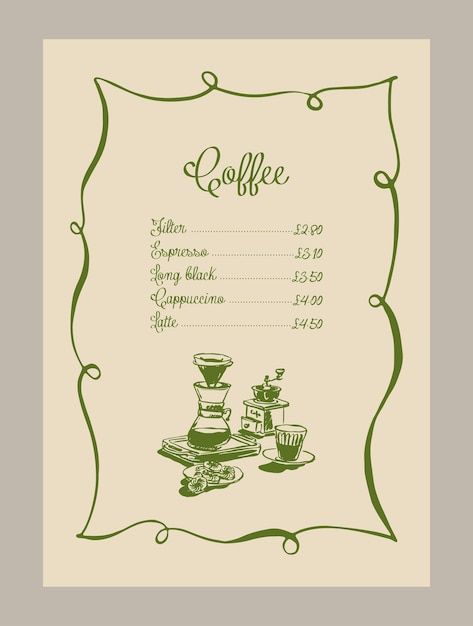 Vector elegant coffee menu template with... | Premium Vector #Freepik #vector High Tea Menu Design, Tea Menu Design, Coffee Menu Template, Sketch Menu, High Tea Menu, Coffee Menu Design, Menu Card Design, Coffee Shop Menu, Coffee Menu