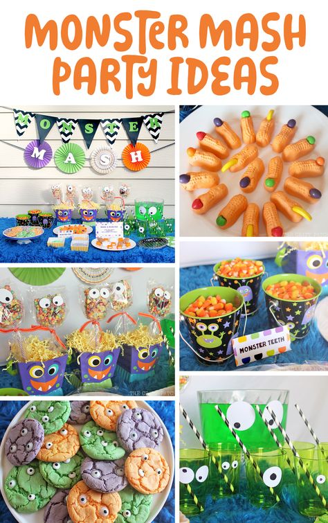 Monster Mash Theme Party, Monster Mash Decor, Monster Mash Party Food, Halloween Themed Kids Birthday Party, Monster Mash 1st Birthday Party, Monster Birthday Food Ideas, Monster Bash Halloween Party, Monster Mash Halloween Party Decorations, Monster 3rd Birthday Party