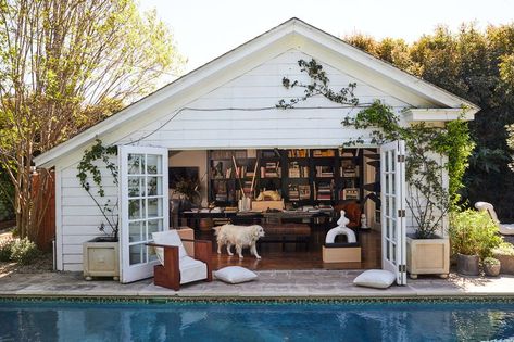 Pool House Garage Door, Pool House Office, Pool House French Doors, Garage Converted To Pool House, Pool House Glass Doors, Clear Garage Doors Pool House, Dark Grey Walls, Parisian Apartment, She Sheds