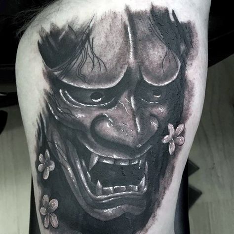 Thigh Hannya Mask Tattoos For Men Mask Tattoo Ideas, Guide Tattoo, Japanese Back Tattoo, Japanese Tattoos For Men, Oni Tattoo, Ma Tattoo, Hannya Mask Tattoo, Dragon Tattoos For Men, Japanese Flower Tattoo