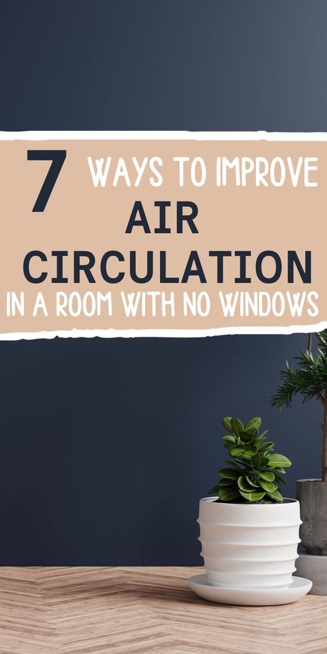 Stylish room with a striking navy-colored wall and a vibrant green plant, highlighting the importance of air quality and circulation. Pin title: '7 ways to improve air circulation in a room without windows'. Living Room Without Windows Ideas, Room Without Windows Ideas Bedrooms, Window Ventilation Ideas, Bedroom Ventilation Ideas, Room Ventilation Ideas, Basement Ventilation Ideas, Windowless Room Ideas, Living Room Without Windows, Rooms With No Windows