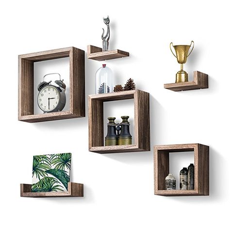 Love-KANKEI Floating Shelves Set of 7, Rustic Wood Wall Shelves With 3 Square Boxes and 4 Small L Shelves For Free Grouping L Shelves, Ikea 2015, Rustic Wood Wall, Wooden Floating Shelves, Farmhouse Shelves, Wooden Wall Shelves, Box Shelves, Cube Shelves, Rustic Wood Walls