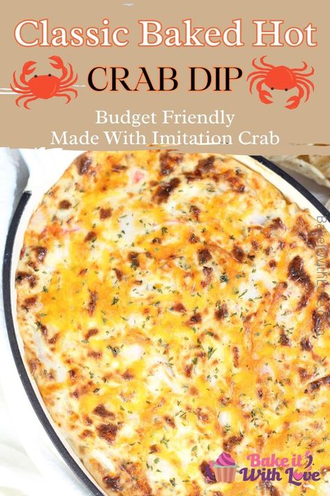 Hot imitation crab dip is a rich and cheesy chip or cracker dip that is easy to make, is perfect for parties, and always gets rave reviews! This warm seafood dip can be whipped up in under 30 minutes with just a handful of ingredients. You can even mix your crab dip in advance and bake it before the party so it's hot and fresh! BakeItWithLove.com #appetizer #seafood #partyfood #chipdip #snack #crab Imation Crab Dip Recipes, Crab Meat Appetizers, Crabmeat Dip, Crab Recipes Easy, Warm Crab Dip, Baked Crab Dip, August Recipes, Hot Crab Dip Recipe, Crab Dip Recipe