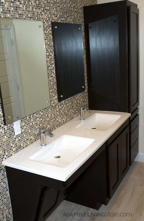 Photo Gallery | Adaptive Living Store ADA Wheelchair Cabinets Ada Vanity Design, Wheelchair Vanity, Ada Compliant Bathroom Design, Wheelchair Accessible Bathroom, Ada Vanity, Ada Sink, Accessible Bathroom Design, Accessible Kitchen, Ada Bathroom