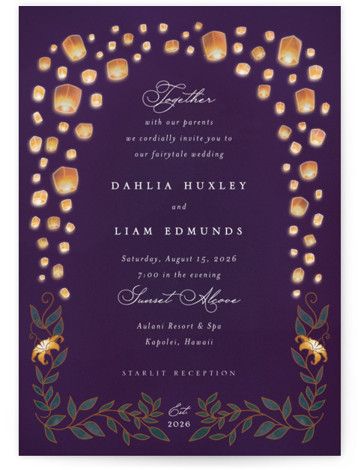 Created for you by Minted’s global community of designers our invitation designs will set the perfect tone for your wedding day. With unique designs printed on luxe paper all wedding invitations are available with several matching accessories. If you have any questions or special requests for your invitations please email us . Rapunzel Wedding Theme, Tangled Invitations, Tangled Lanterns, Rapunzel Wedding, Tangled Wedding, Dahlias Wedding, Modern Chic Wedding, Quince Invitations, Qr Code Wedding