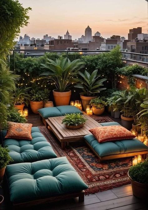 Cozy Rooftop Terrace, Rooftop Plants Ideas, Patio Floor Seating, Balcony Oasis Ideas, Balcony Hanging Lights, Cozy Terrace Ideas, Outdoor Floor Seating, Rooftop Terrace Decor, Rooftop Patio Ideas