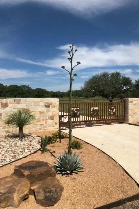 Sliding Ranch Gate, Ranch Flower Beds, Gate Entrance Landscape, Rancho Gates With Last Name, Ranch Style Driveway Entrance, Ranch Gate Entrance Ideas, Western Curb Appeal, Front Gate Entrance Landscaping Ideas, Ranch Front Gate Entrance