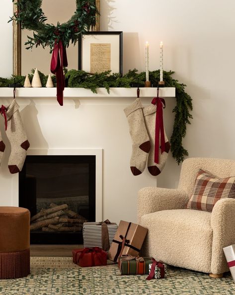 McGee & Co. (@mcgeeandco) • Instagram photos and videos Stocking Fireplace Ideas, Holiday Decor Fireplace, Minimal Cozy Christmas Decor, Red Brown Christmas Decor, Simple Winter Mantle Decor, Where To Put Stockings With No Mantle, Christmas Stocking No Fireplace, Xmas Apartment Decor, Christmas Decoration Fireplace